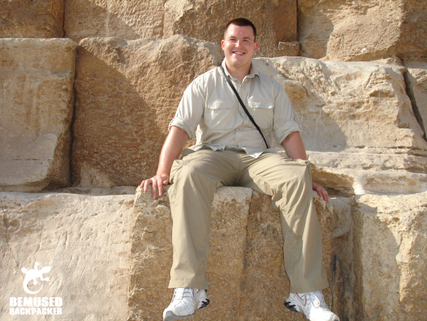 Michael Huxley sitting on the great pyramid of Giza