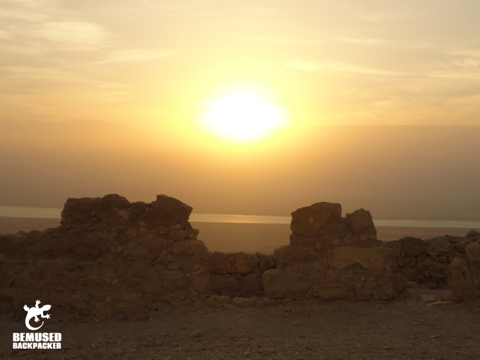 Sunrise over ruins at Masada National Park Dead Sea Israel
